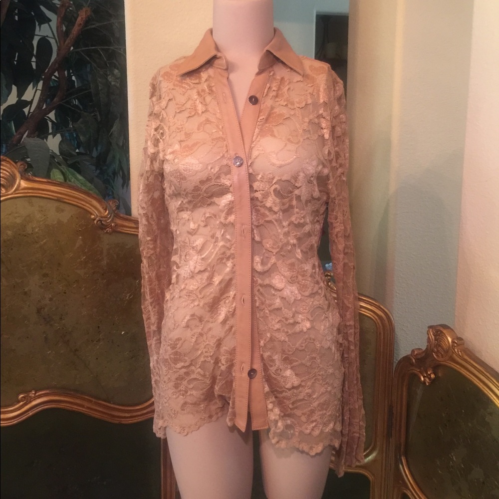 Nude lace long sleeve top with leather collar/trim